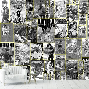 Comics Cartoon Anime Wallpaper & Mural Manga Pop Art Collage Movie Peel and Stick Anime Art Black Uellow and White Mural Decor Gaminr Room