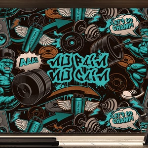Graffiti Gym Sport Street Art Mural Wallpaper Peel & Stick Wall art Self Adhesive Wallpaper for Kids Room Wall art decor