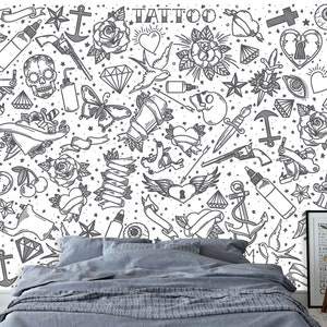 Old School Tattoo Wallpaper & Peel and Stick Decor tattoo studio wallpaper mural living room home decor Black and white mural Vintage