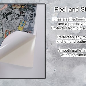 K&ouml;nnte beinhalten: Ein wei&szlig;er Aufkleber mit einer abziehbaren Klebefl&auml;che. Der Aufkleber zeigt eine bunte Collage von Bildern, darunter eine Comicfigur mit gelbem K&ouml;rper und blauen Augen. Der Text "Peel and Stick" ist auf der rechten Seite des Bildes sichtbar.