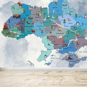 Kinder Karte der Ukraine Wallpaper Wandbild Kinder Tapete Dekor Spielzimmer Schälen und aufkleben Tapete Tiere Kid Map Geschenk für Jungen Print Wandbild