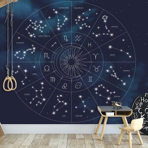 Papel tapiz con mapa estelar, astrología, zodíaco y mural de pared con impresión de estrellas del cielo, mapa, constelaciones, arte de pared despegable y adhesivo, decoración de mapa astrológico para el hogar