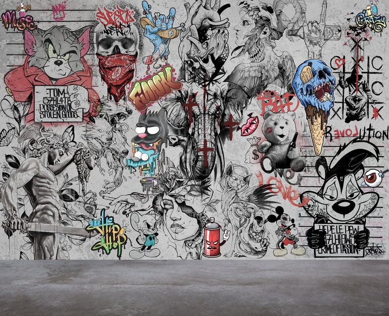K&ouml;nnte beinhalten: Ein farbenfrohes und chaotisches Graffiti-Wandbild mit Cartoon-Charakteren wie Tom und Jerry, einem Stinktier und einem B&auml;ren. Die Wand ist mit verschiedenen Farben bedeckt, darunter Rot, Blau, Gr&uuml;n und Gelb. Das Design enth&auml;lt W&ouml;rter wie "Funk", "Revolution" und "Liebe".