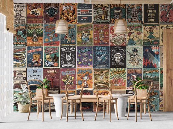 ヴィンテージポスター壁画＆壁紙美的ヴィンテージコラージュ壁画-古い