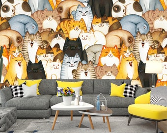 Watercolor Cats Wallpaper Mural, Cute Kids Room Decor, Peel and Stick