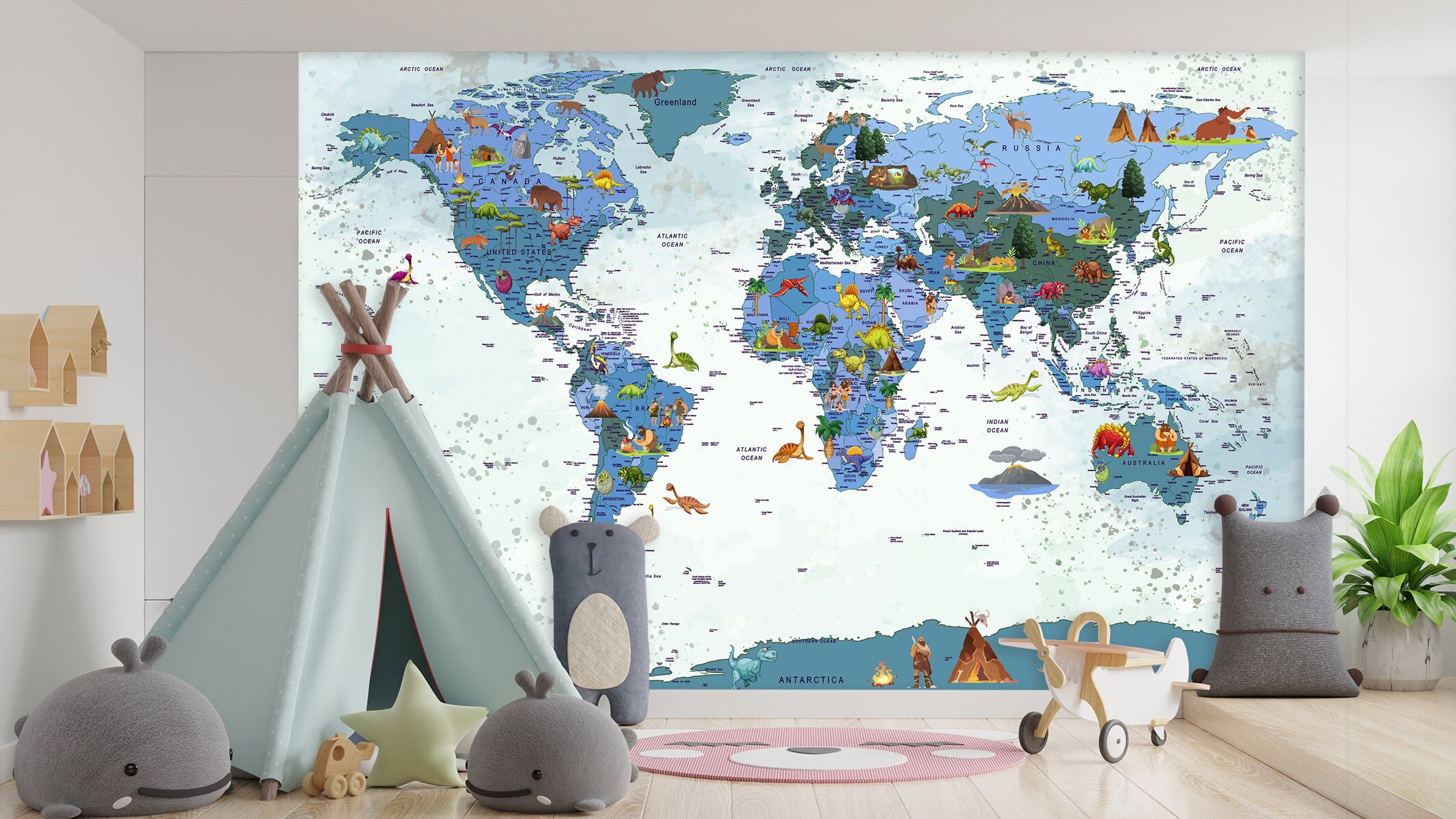 Mural Kids Wallpaper Decor Map of the World & Playroom Peel and Stick ...