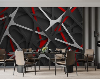 Lines Geometric Design Black and Red Lines Wallpaper & Wall Mural Print Peel and Stick Wall Art Decor Home