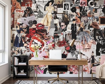 Modern Glam Fashionista Wallpaper Haute Couture Inspired Collage Stylist Room Art High-End Editorial Wall Decor