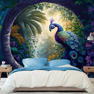 Peacock Wallpaper Wall Mural & Chinoiserie Japan Floral Elegant Watercolor Peacock Peel and Stick Wallpaper Self adhesive Decor