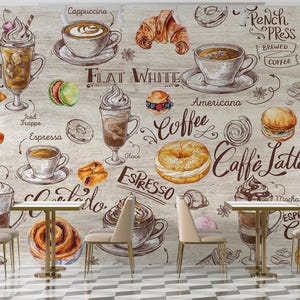 Carta da parati con cibo da forno francese - Carta da parati murale con caffè e pasticceria, decorazione personalizzata per cucina, bar o ristorante