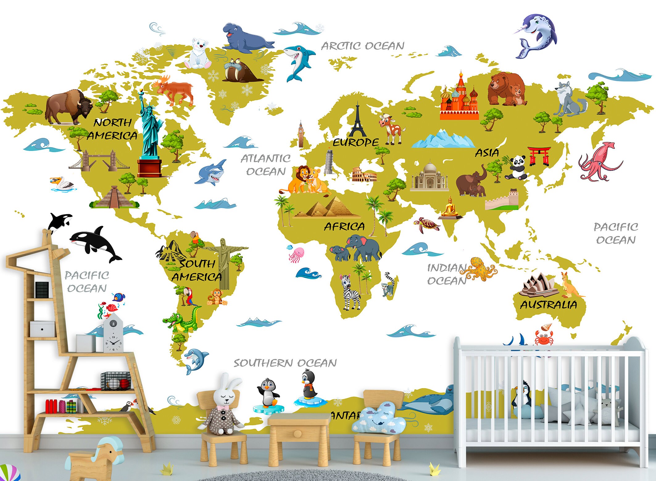 Mural World map kids Wallpaper Gift for daughter Animal | Etsy