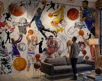 Basketball Wall Mural Retro Sports Wallpaper Boy Room Street Art Graffiti Print
