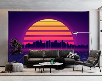 Fototapeta w stylu retro z neonowym pejzażem miejskim, odklejana i przyklejana w niestandardowym rozmiarze