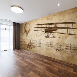 Vintage Airplane Wallpaper Mural Bluprint Airplane Wall Mural Wallpaper Draft Airpane Wallpaper Peel and Stick Self Adhesive Home Wallpaper