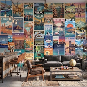 May include: A wall covered in a collage of vintage-style travel posters featuring various global destinations like Atlanta, Greece, Prague, and Florida. The room includes a wooden bar with stools, a grey sofa, and a coffee table with a globe.