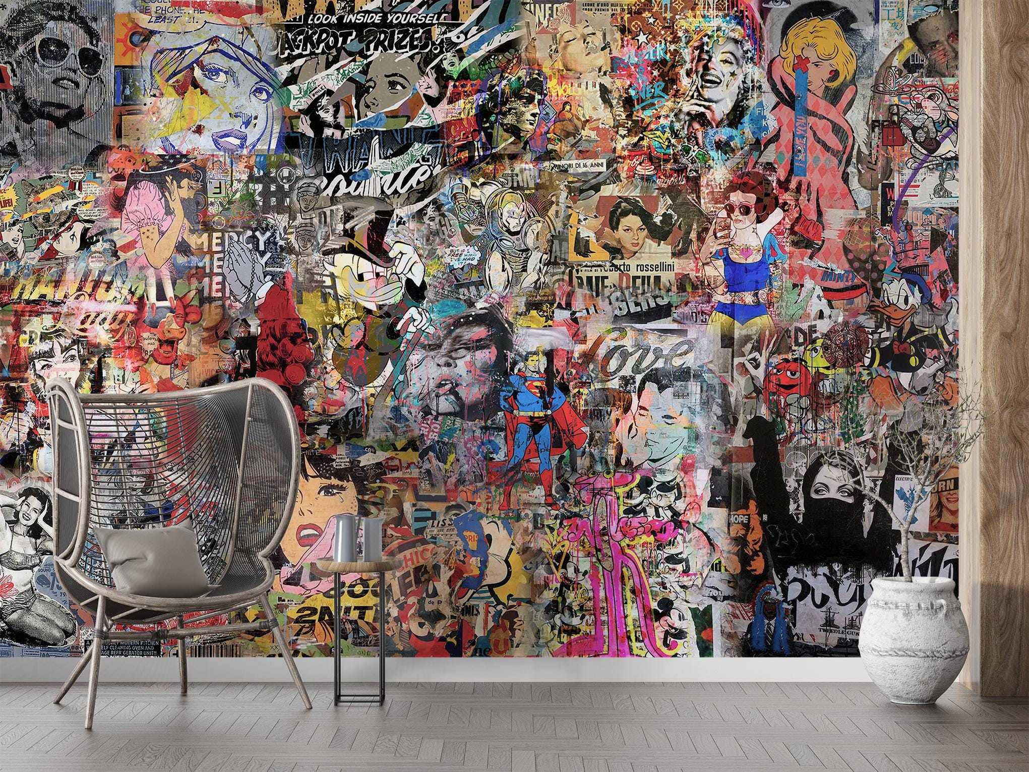ポップアート風グラフィティ壁画：都会的なスタイル、貼ってはがせる