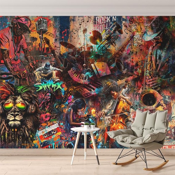 グラフィティミュージック壁紙 カラフルなストリートアートとジャズDJ