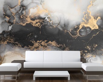 Abstract Marble Peel and Stick Wallpaper Mural, Gold Ink Art
