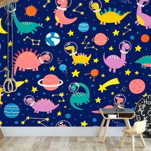 Space Dinosaurs Kids Wallpaper Planets & Rocket and UFO Wall Mural for Girld and Boys Kids Room Nursery Decor Playroom Self Adhesive