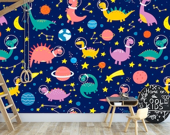 Space Dinosaurs Kids Wallpaper Planets & Rocket and UFO Wall Mural for Girld and Boys Kids Room Nursery Decor Playroom Self Adhesive
