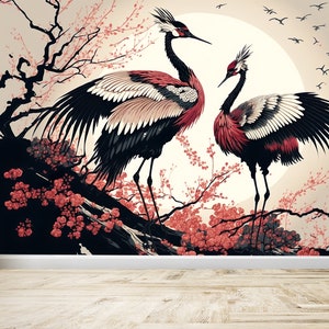 Papel tapiz y mural de pared con grullas japonesas, pájaros, cigüeñas, estilo chinoiserie, floral, bohemio, vintage, papel tapiz autoadhesivo para despegar y pegar