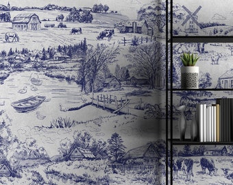 Toile Jouy Wallpaper Mural: French Country Landscape, Peel and Stick