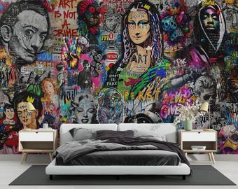 May include: A colorful and abstract wall mural featuring a collage of images and text. The mural includes images of famous paintings, such as the Mona Lisa, and graffiti art. The text includes phrases like "Art is not a crime" and "Everything is fake".