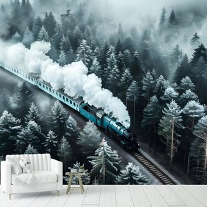 Zug Winterwald Tapete Dampfexpress Wandbild Vintage Lokomotive Lokomotive Druck Schälen und aufkleben, Kunst, Dekor für Zuhause, selbstklebend