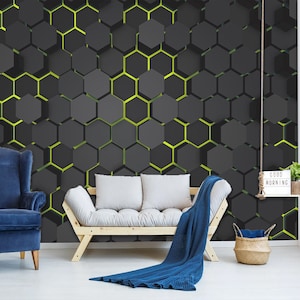 Papel tapiz con patrón geométrico abstracto y hexágonos, mural de pared de alta tecnología en color verde y oscuro, arte de pared despegable y adhesivo, decoración para el hogar