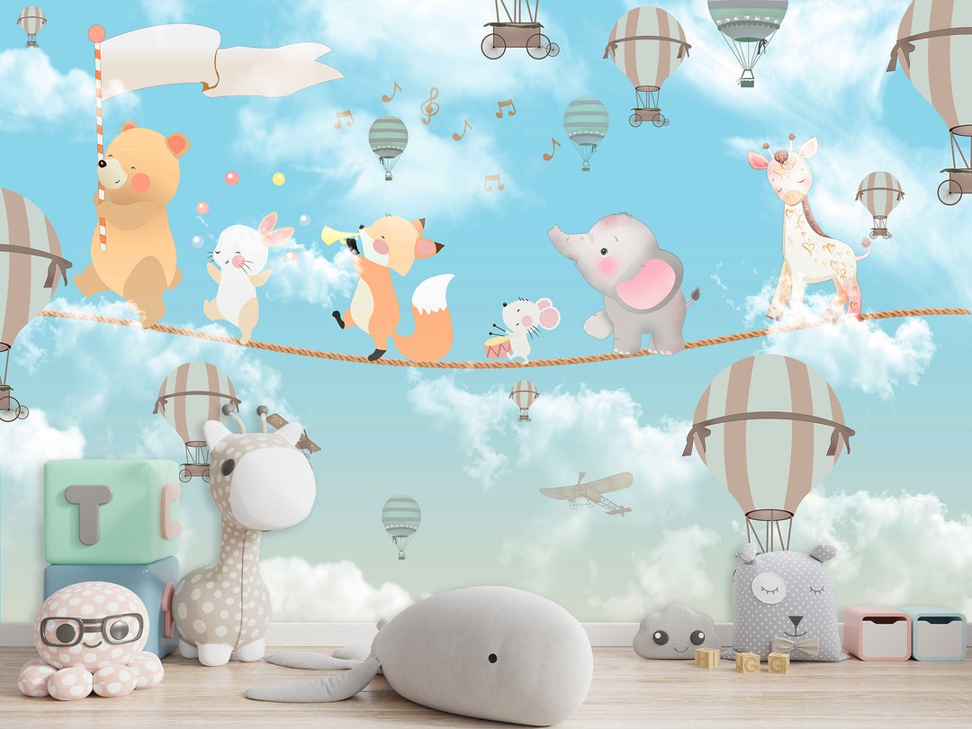 Kids Watercolor Wallpaper Cute Animals Nursery Wall Mural Hot Balloon ...