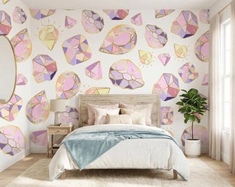 Pastel Gemstone Wallpaper, Toddler Room Accent Mural, Girls Playroom Wall Print