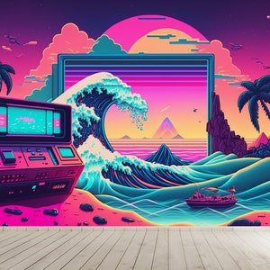 Kanagawa Neon & Vaporwave Wall Art Mural Retro 80's the Great Wave off ...