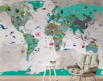 Educational World Map Wallpaper & Mural Peel and Stick map animals Kids room Wall art Child gift Decor room Kids nursery wall art