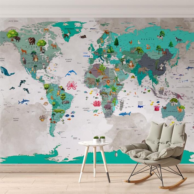 Animal World Map Wallpaper: Kids Nursery Peel and Stick Mural - Etsy ...