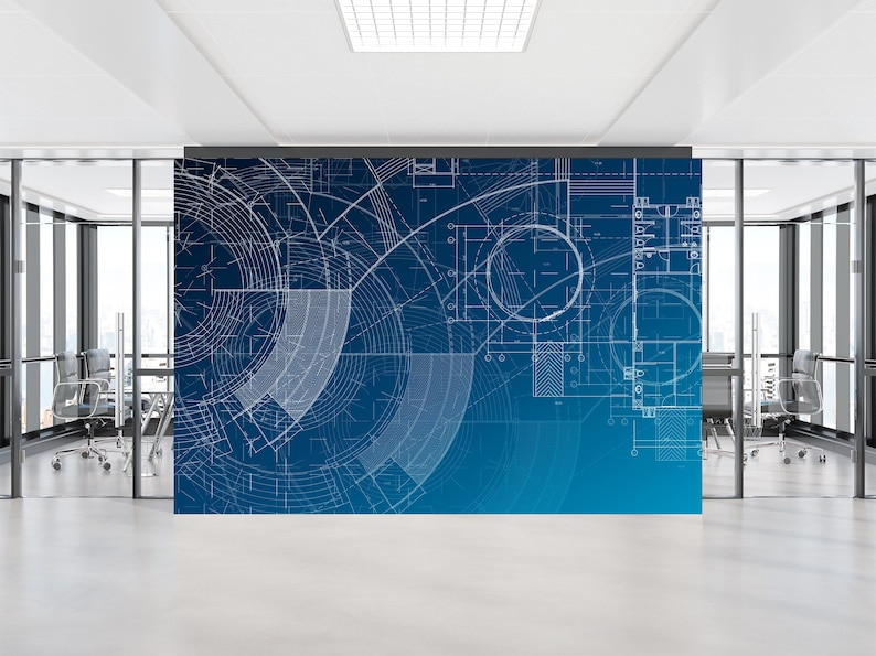May include: A blue wall mural with a white geometric design. The design features circles, squares, and lines. The mural is in an office setting with glass walls and chairs.