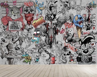 Graffiti Cartoon Peel and Stick Wallpaper, Urban Street Art Mural
