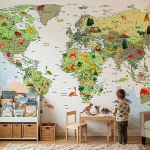 May include: A large wall mural featuring a world map with green continents and blue oceans, decorated with colorful illustrations of various dinosaurs and prehistoric animals. The map includes labels for major countries and oceans in black text.