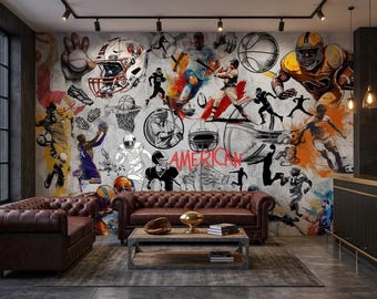 Sports Graffiti Wall Mural Grunge Teen Boy Room Wallpaper Urban Collage
