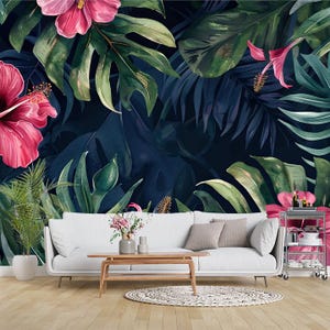 Tropical Floral Wall Mural Dark Botanical Jungle Wallpaper with Hibiscus Flowers for Bedroom or Living Room Decor Mural Print Peel and Stick