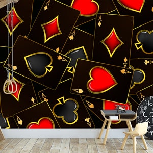 Playing Cards Wallpaper Poker Casino & Card Suits Self Adhesive Poker Chips Wall Art Mural Modern Peel and Stick Decor image 1