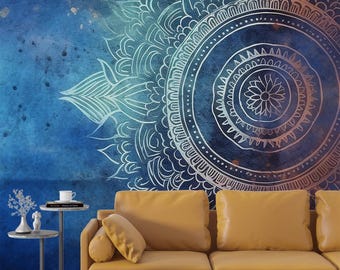 WBQMUNY Large Mandala Wall Decal Blue Lotus Flower Wall Sticker Remo