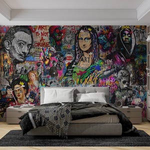 Carta da parati adesiva stile pop art con graffiti, murale street art, murale retrò con graffiti, murale per camera da letto, carta da parati urbana, stacca e attacca, carta da parati art deco