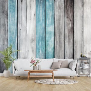 Rustic Wood Plank Wall Mural Weathered Blue and White Wooden Wallpaper for Bedroom or Coastal Decor Living Room Kitchen Mural