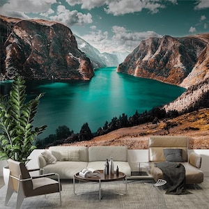 Landscape River & Mountains Wall Mural Wallpaper Accent Wall For Living Room Bedroom Peel and Stick Photomural Landspace Wallpaper