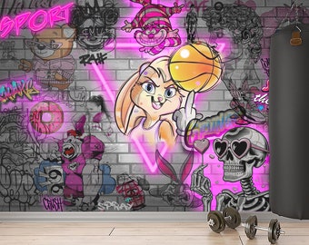 Cartoon Sport Graffiti Gym Wallpaper Wall Mural & Urban Street Art Motivation Gym Fitness Decor Modern Peel and Stick Self Adhesive Art