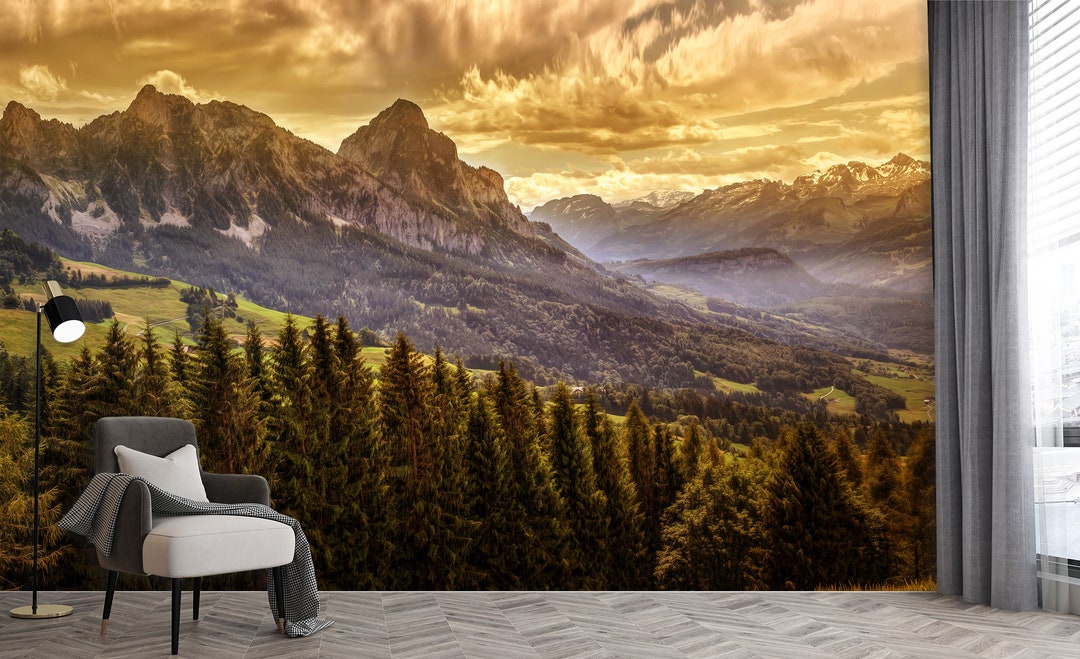 Mountain Range Wallpaper Mural: Peel and Stick Forest Landscape - Etsy