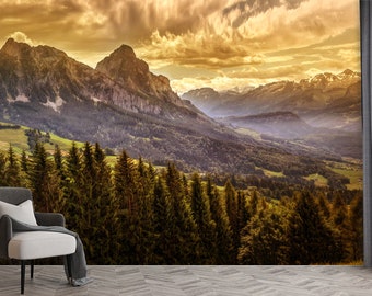Mountain Wallpaper Wall Mural Print Nature Landscape Peel and Stick Forest wall mural Mountain range decor room wall mural