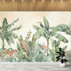 Tropical Safari Kids Wallpaper & Exotic Animals Watercolor Wall Art Mural Jungle Leaves Decor Room Peel and Stick Children Nursery