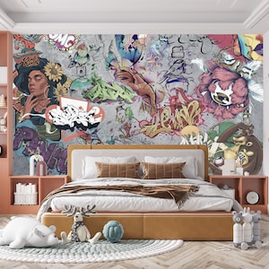 Street Art Wallpaper Graffiti & Urban Original Collag Abstract Peel and Stick Wall Mural Wallpaper Modern wall art Decor Home