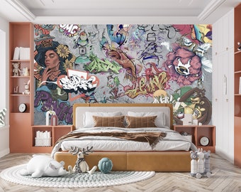 Papel pintado de arte callejero y graffiti, mural abstracto urbano autoadhesivo.
